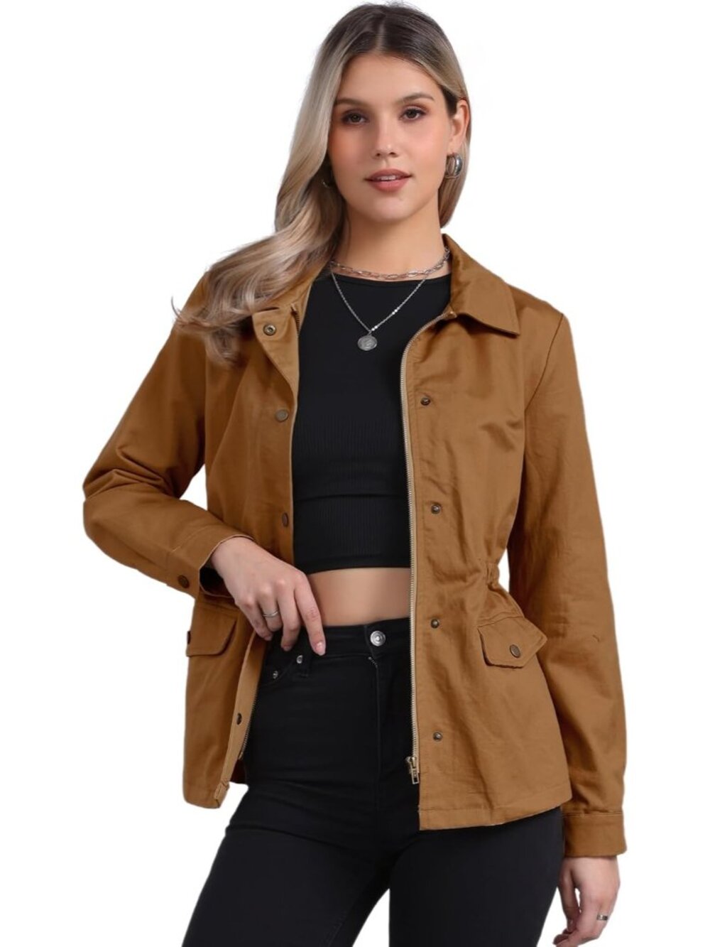 Women Caramel Zip Up Snap Buttons Drawstring Waist Pockets Anorak Utility Jacket